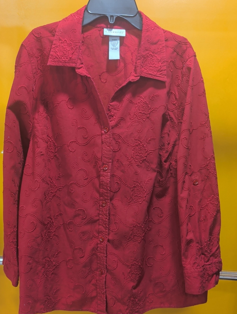 Catherines Deep Red Embroidered Button-Down Blouse Size 1 XWP